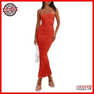 Ribbed Maxi Bodycon Dress Strapless Tube Y2K Party Club Long Dress